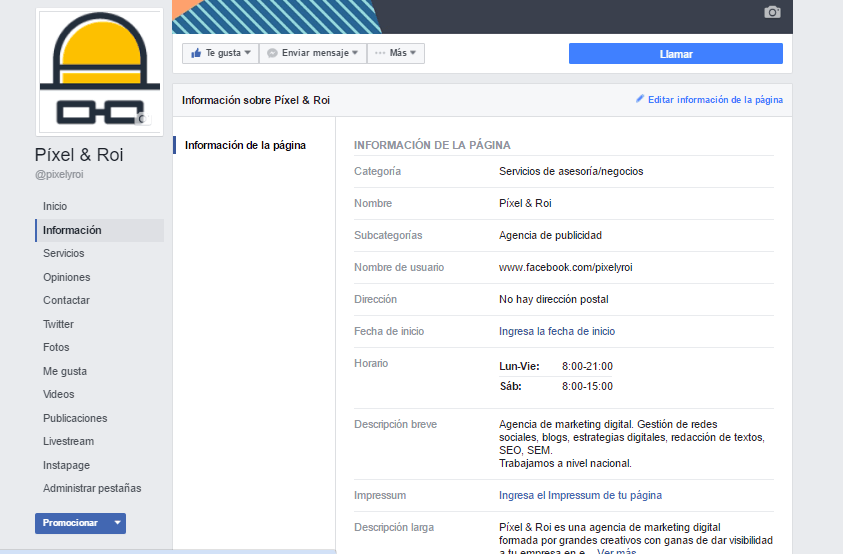 Cómo conseguir más seguidores en redes sociales 3 Perfil de FB optimizado de Píxel&Roi