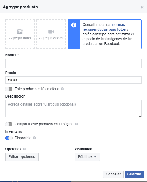 Pasos para crear una tienda online en Facebook 7 Ficha agregar productos tienda facebook
