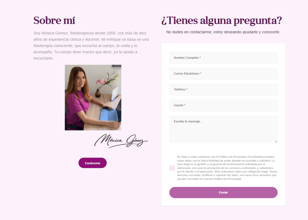 Así diseñamos la nueva web de Fisiodinámica en Zaragoza 6 Diseño de página web para clínica de fisioterapia. Sección contacto