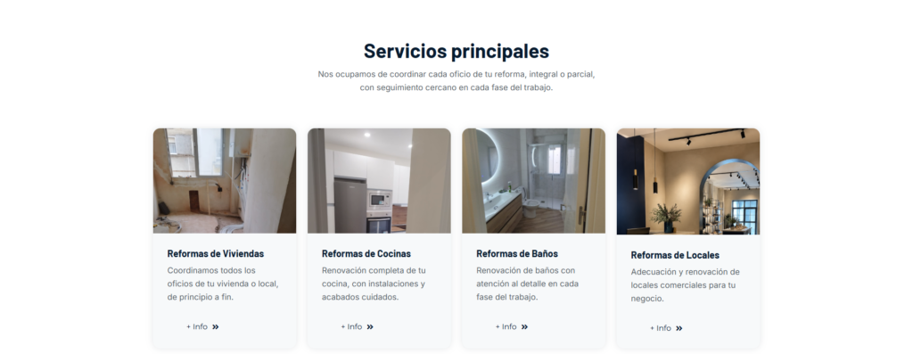 Diseño web para una empresa de reformas en Valladolid: así hicimos la web de Reformas Bairon 4 Bloque de servicios principales de Reformas Bairon: reformas de viviendas, cocinas, baños y locales